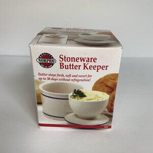 Norpro Butter Keeper French Bell Stoneware Dish Crock Kitchen Blue Stripe- NEW